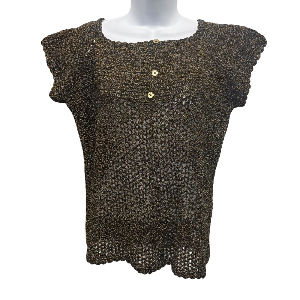 Womens Sparkle Knit Top Gold Black Metallic Square‎ Neck Short Sleeve Pullover M